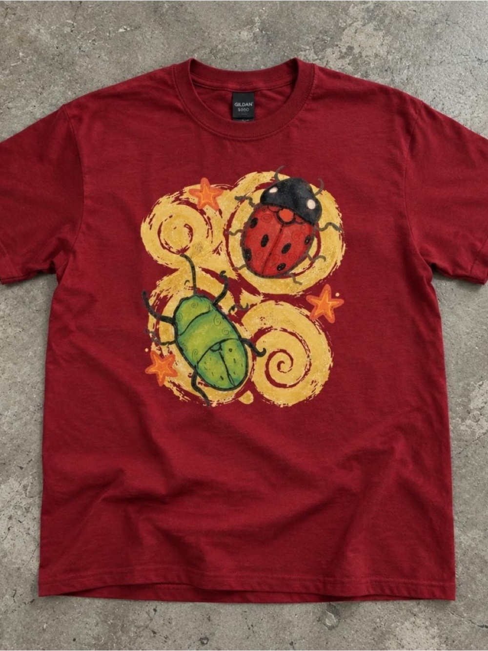 Gildan Kids Burgundy Tee with Colorful Beetle Artwork